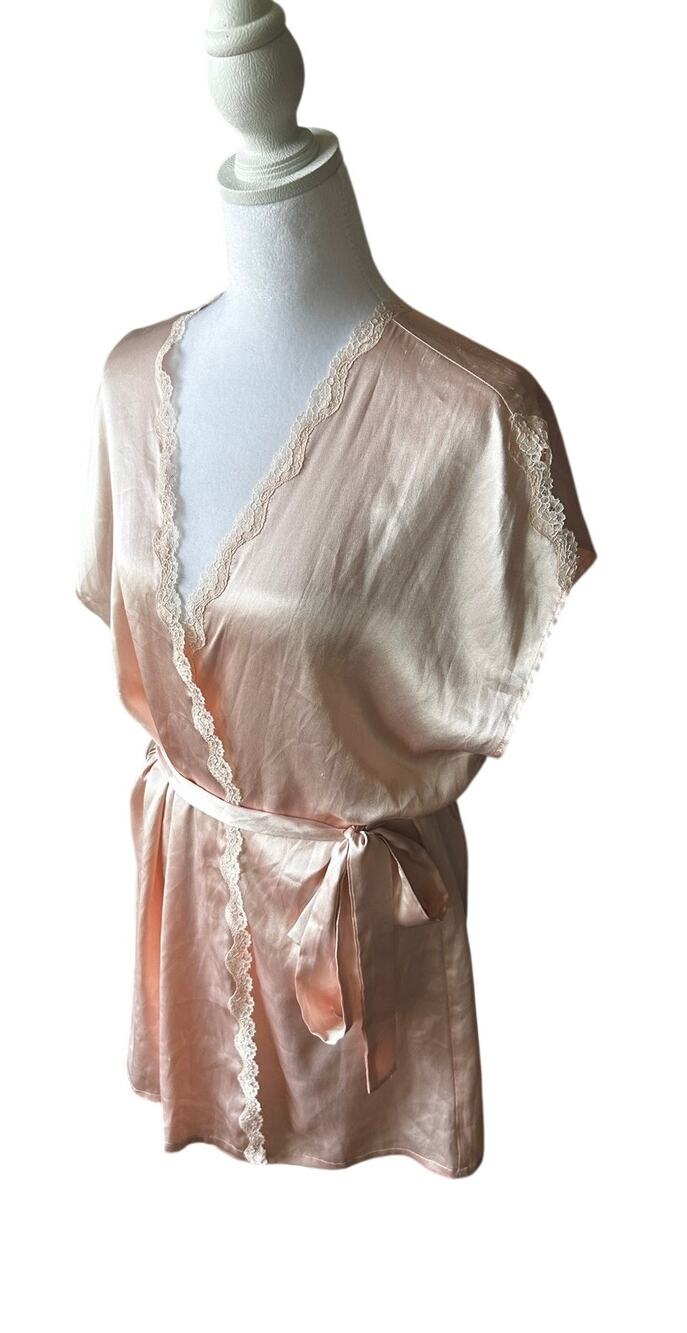 Vintage 90s Victoria's Secret Pink Label Satin Lace Trim Kimono Robe S/M